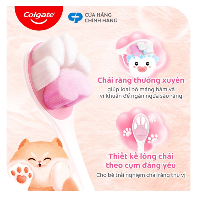  Bàn chải Colgate cho bé 5+ tuổi Fluffy Paw họa tiết thú cưng đáng yêu, lông chải siêu mềm 