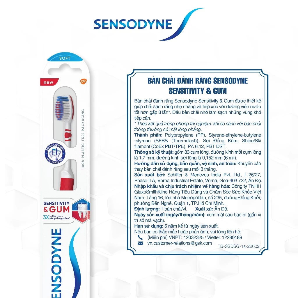  Bàn chải đánh răng SENSODYNE Sensitive & Gum với lông bàn chải mềm, giúp làm sạch răng nhẹ nhàng và bảo vệ nướu 