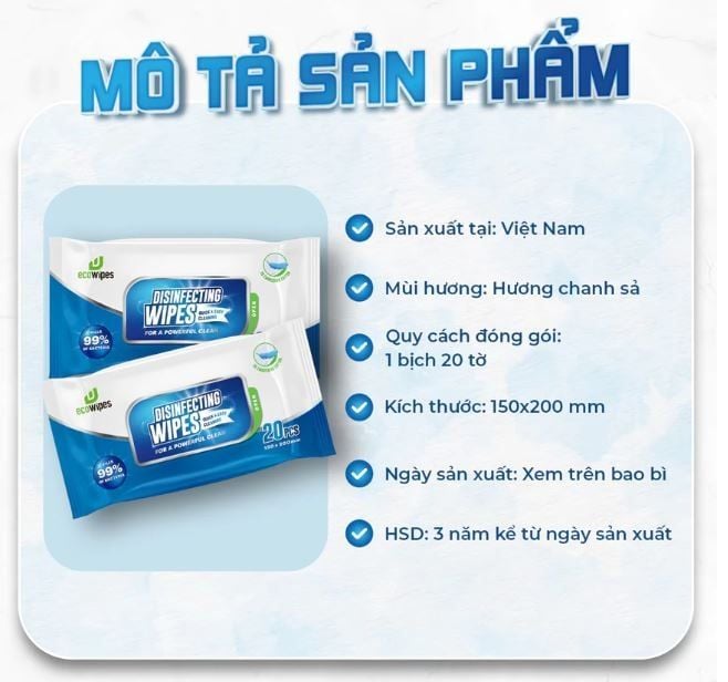  Khăn ướt diệt khuẩn EcoWipes 60 tờ hương chanh sả 