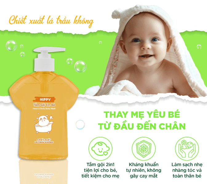  Sữa Tắm Gội Em Bé HIPPY Chiết Xuất Lá Trầu Không 370ml – Dịu nhẹ, sạch rôm sẩy, an toàn da nhạy cảm 