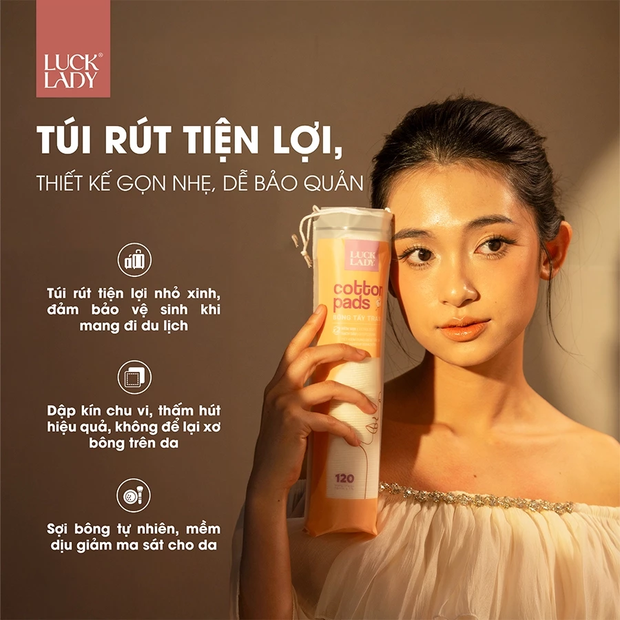  Bông tẩy trang Luck Lady dạng túi rút 120 miếng, kích thước bông 58mm, mềm mịn, làm sạch da, an toàn cho da 