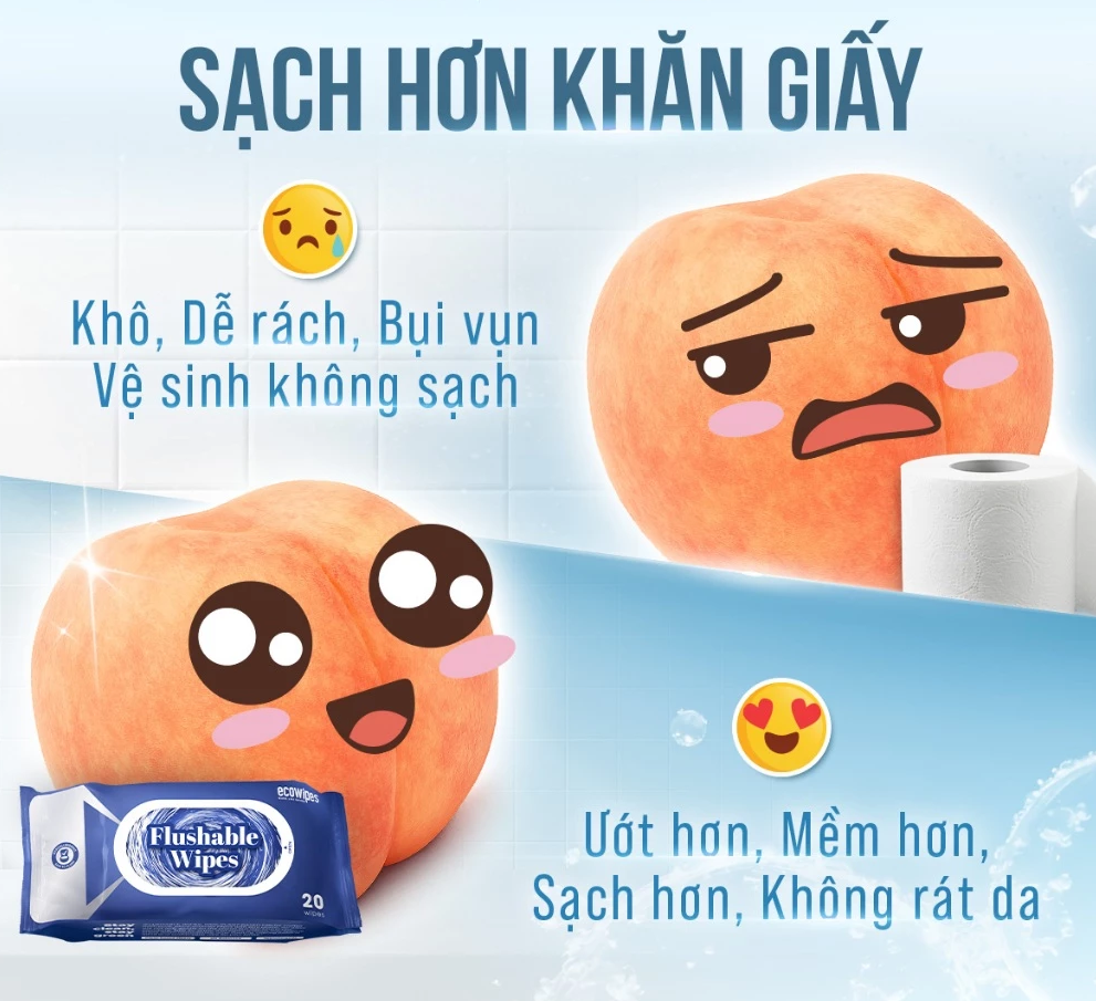  Khăn ướt đi toilet có thể xả trong bồn cầu Flushable EcoWipes gói 20 tờ hương tự nhiên 