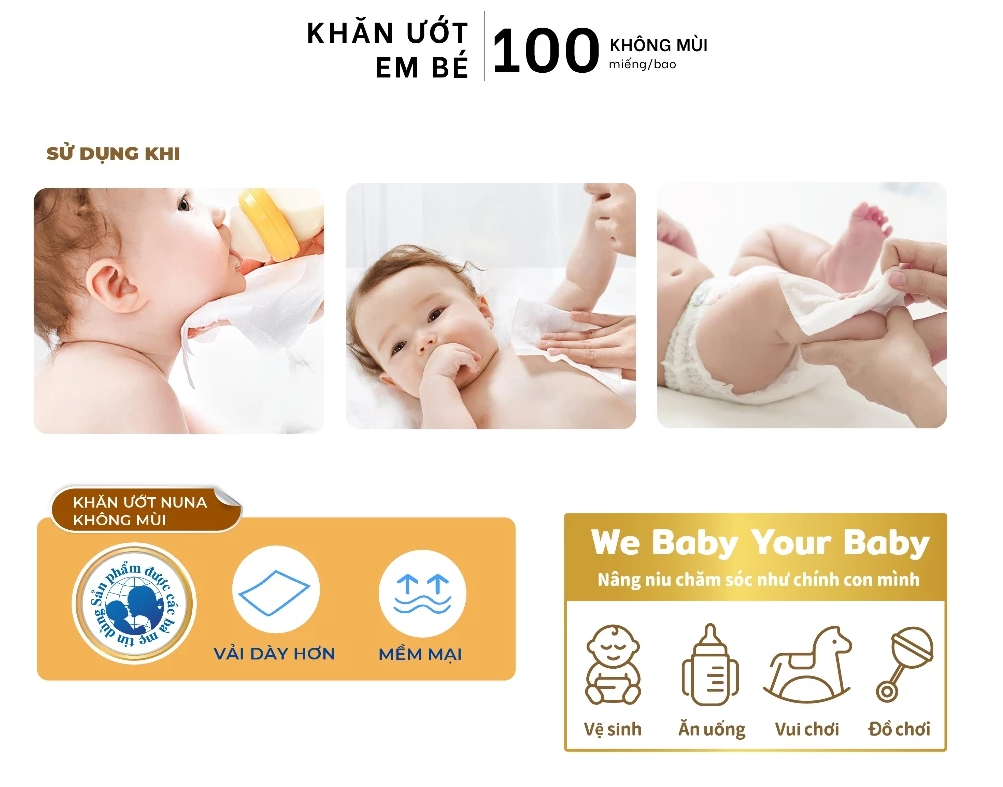  Khăn ướt cao cấp cho bé Nuna Gold 100 tờ không mùi - Vải rayon dày mềm dai tinh chất lô hội an toàn vệ sinh cho bé 
