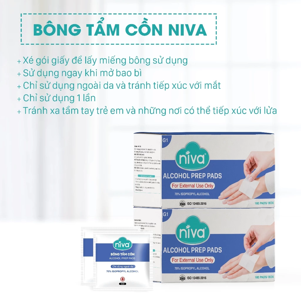  Bông Tẩm Cồn Tiệt Trùng Niva Hộp 100 Miếng Dùng Để Làm Sạch Và Khử Trùng Trước Khi Tiêm 