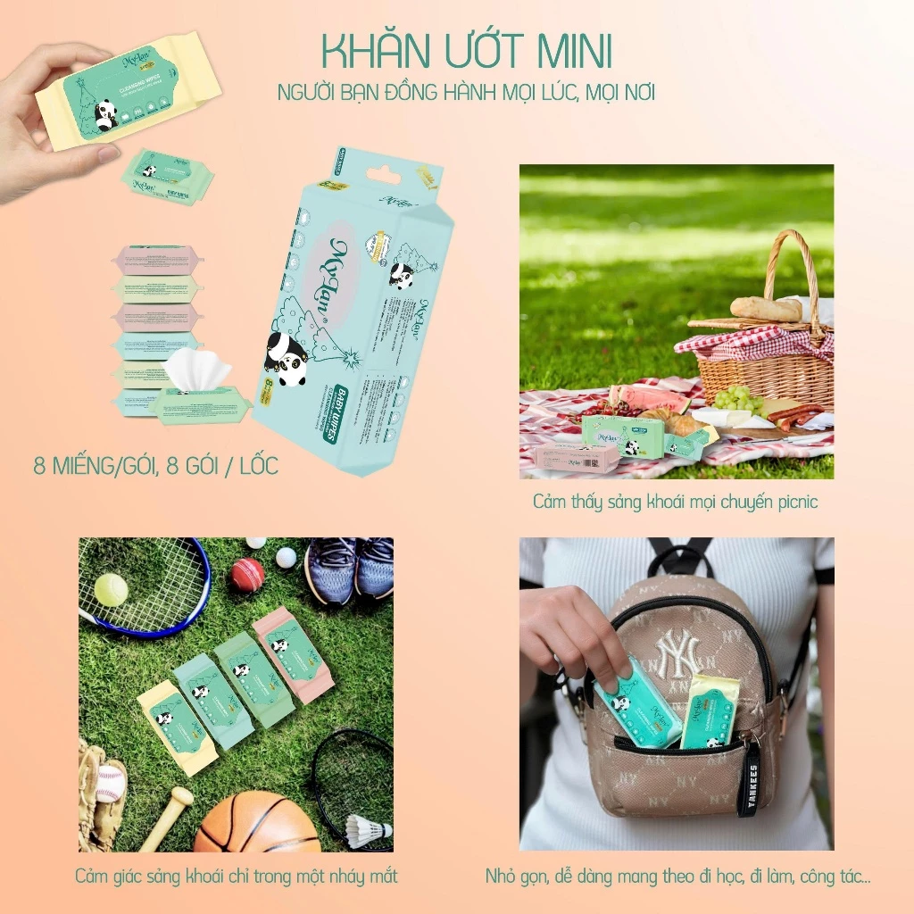  Khăn Ướt Mini MyLan Cao Cấp Làm Sạch Nhanh Dịu Nhẹ Cho Da 8 Tờ/Gói, Lốc 8 Gói 