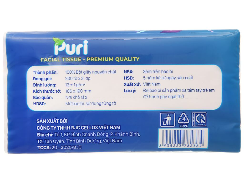  Khăn giấy rút Puri 3 lớp 200 tờ 
