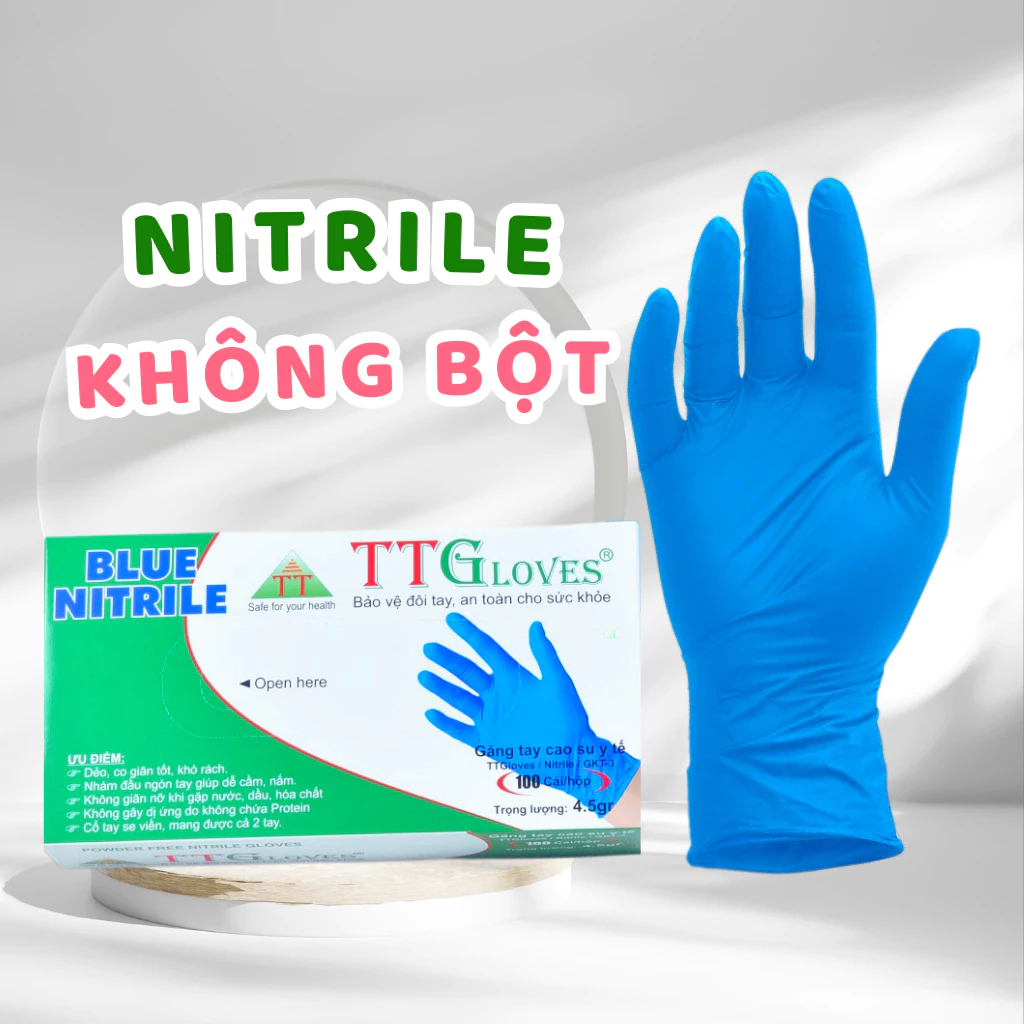  Găng Tay Cao Su Y Tế TTGLOVES Không Bột Nitrile Màu Xanh Đậm Siêu Bền 4.5gr (Hộp 100 Chiếc) 