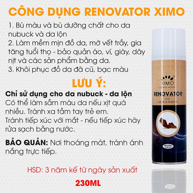  Chai Xịt Vệ Sinh Da Lộn Renovator XIMO 230ml Chuyên Dưỡng Và Bổ Sung, Chai Xịt Phục Hồi Màu 