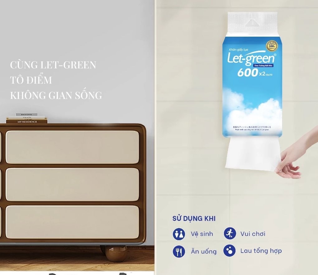  Khăn Giấy Lụa Treo Tường Rút Kéo LET-GREEN, 600 Tờ/ Bao, 2 Lớp/ Tờ 