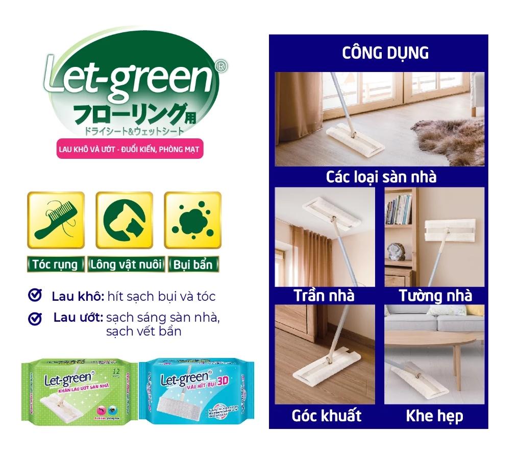  Bộ Cây Lau Nhà Đa Năng LET-GREEN (Cây Lau, Khăn Ướt Lau Sàn, Vải Hít Bụi) Đuổi Kiến, Phòng Mạt 