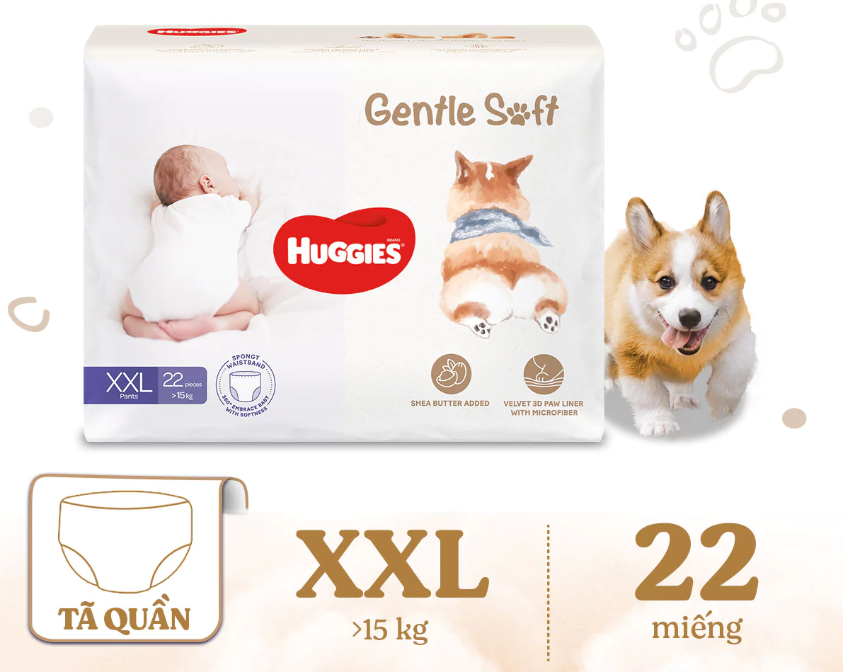  Tã quần Huggies Gentle Soft - Corgi M54/L40/XL34/XXL22 miếng êm mềm chiết xuất bơ hạt mỡ 