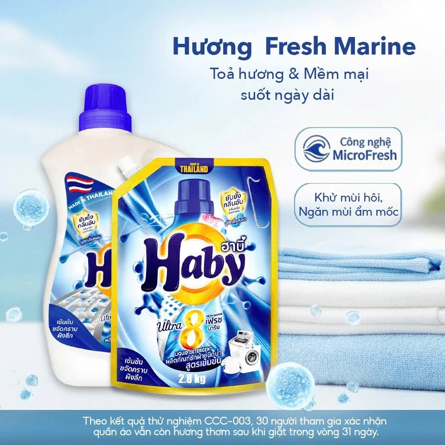  Nước giặt đậm đặc HABY ULTRAWASH 8in1 Nội địa Thái Lan  - Sạch sâu, thơm lâu 700h, công nghệ Microfresh Túi 700ml 