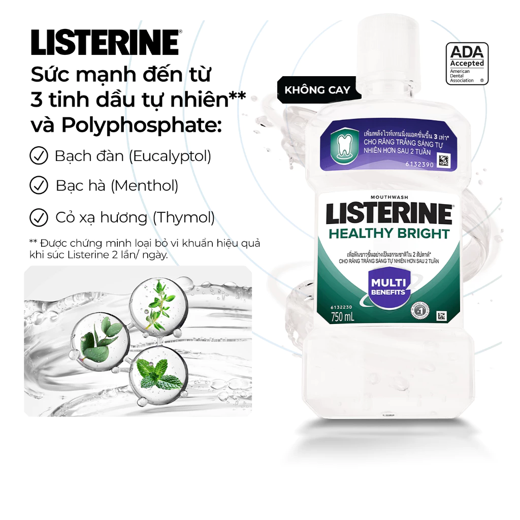  Nước súc miệng giúp răng trắng sáng tự nhiên Listerine Healthy Bright 750ml 