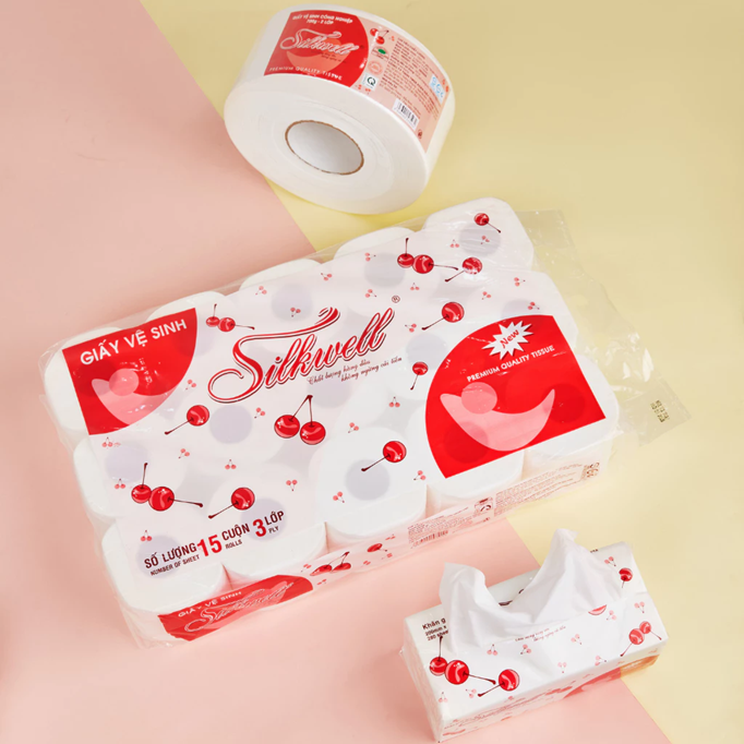  Giấy vệ sinh Silkwell Cherry 15 cuộn 3 lớp chính hãng mềm mịn siêu dai 