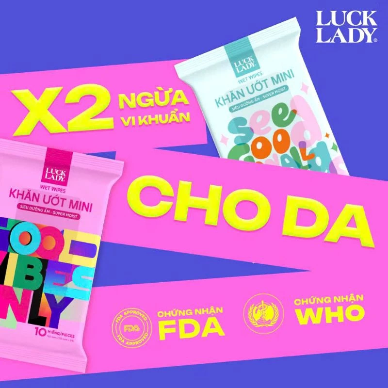  Khăn ướt mini LUCK LADY không mùi túi 6 gói (gói 10 miếng) Màu ngẫu nhiên 