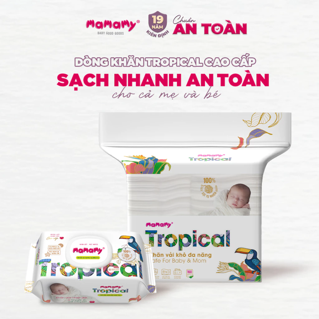  Khăn khô cao cấp cho bé Mamamy Tropical 100% sợi tự nhiên và rayon gói 160 tờ mềm, dai, sạch cực 