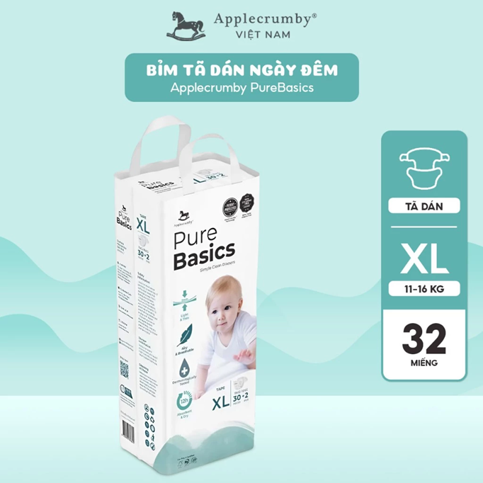  Bỉm tã dán ngày đêm Applecrumby Purebasics Diapers Tape size S - XL co giãn thoải mái 