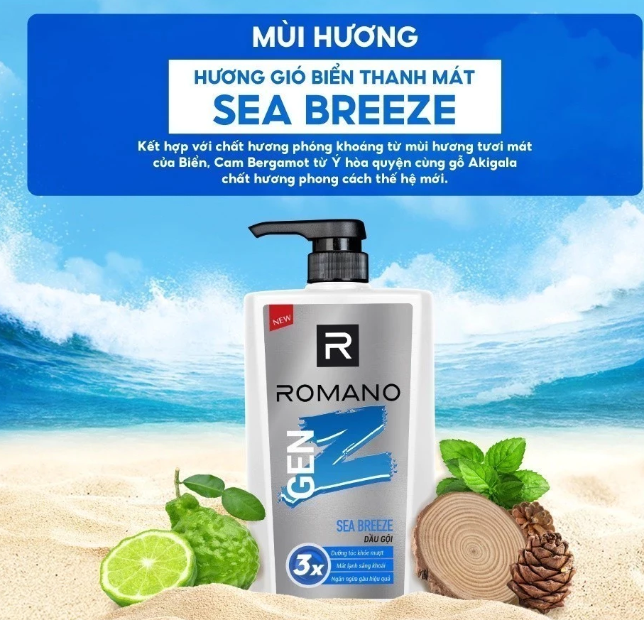  Tắm gội cho nam 2in1 Romano Gen Z hương Sea Breeze/ Forest Cedar 900g/ chai 