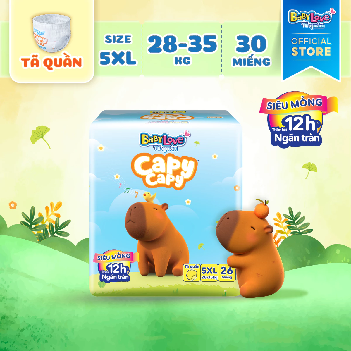  Tã quần Baby Love Capycapy - 12H Thấm hút size M66/L56/XL52/XXL48/3XL34/4XL30/5XL26 