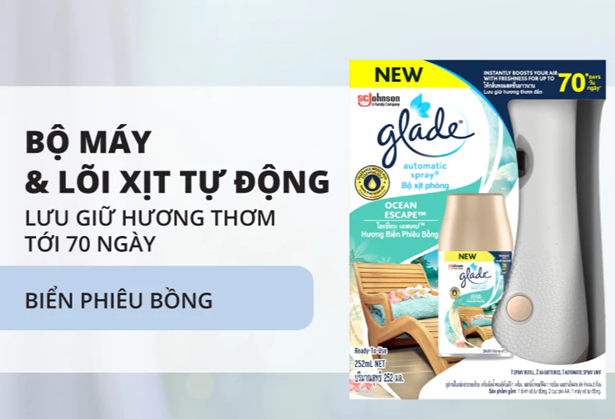  Bộ Máy & Lõi Xịt Thơm Phòng Tự Động GLADE Lưu Hương Tự Nhiên Đến 70 ngày 252ml 