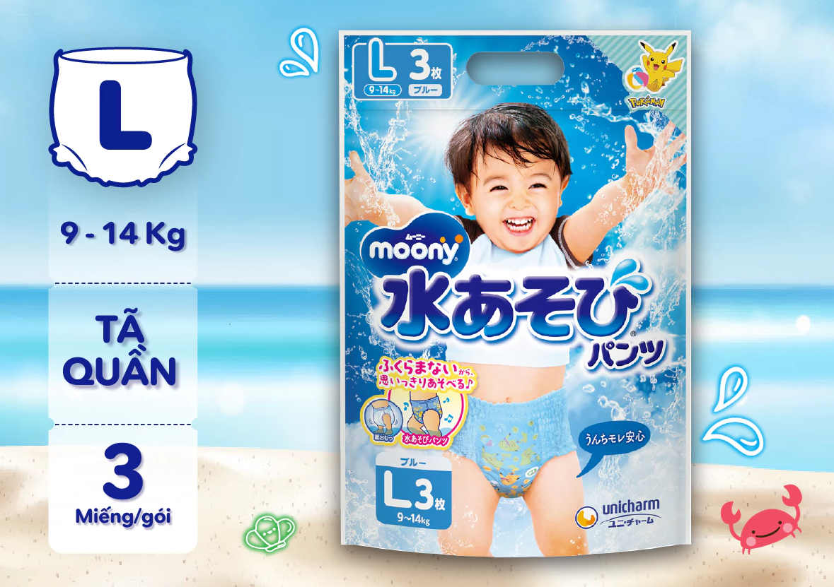  Tã/Bỉm quần bơi Moony bé trai/bé gái size L3/XL3 - nhập khẩu Nhật Bản 