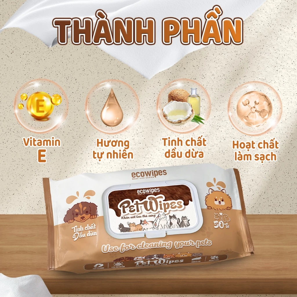  Khăn ướt vệ sinh thú cưng Pet EcoWipes gói 50 tờ hương tự nhiên 