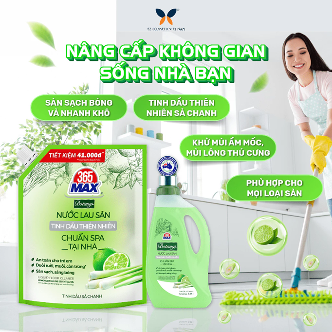  Túi Nước Lau Sàn 365 Max Botany Tinh Dầu Sả Chanh 3.6 Lít Làm sạch bóng sàn nhà, an toàn cho da bé 