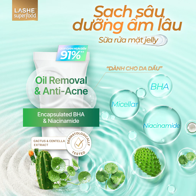  Sữa Rửa Mặt LASHE SUPERFOOD Sạch Sâu, Dưỡng Ẩm Cho Da Khô & Da Nhạy Cảm/Sạch Sâu, Giảm Mụn Cho Da Dầu 120G 