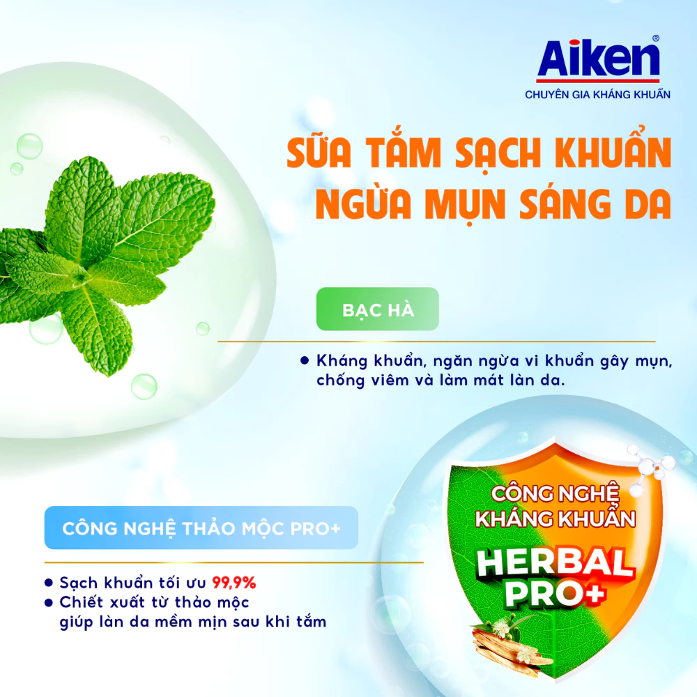  Sữa tắm sạch khuẩn Aiken thảo mộc Dưỡng ẩm mềm mịn, Ngừa mụn sáng da 845g 