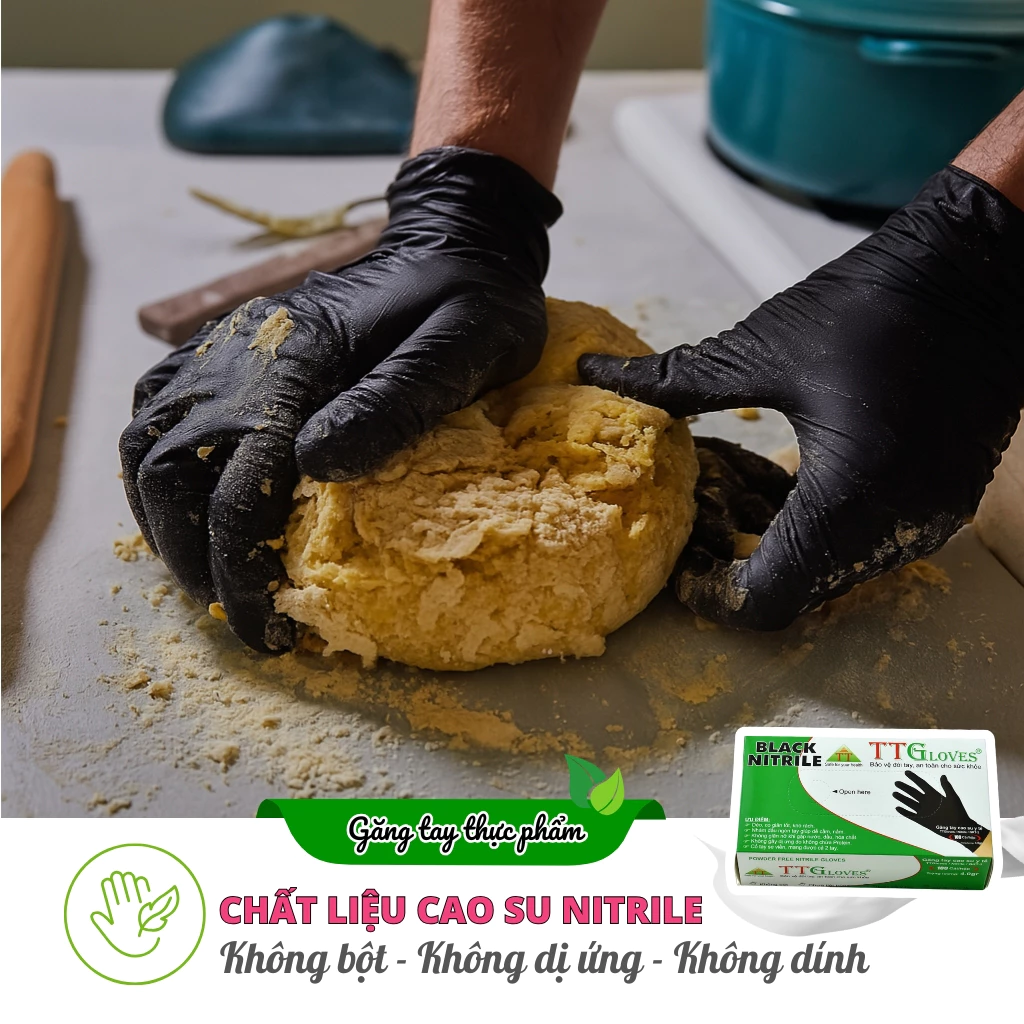  Găng Tay Nấu Ăn TTGLOVES Chất Liệu Cao Su Nitrile Không Bột Màu Đen (Hộp 100 Chiếc) 
