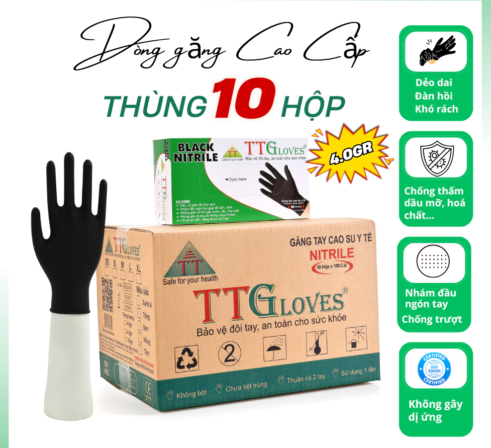  Găng Tay Cao Su Y Tế TTGLOVES Không Bột Nitrile Màu Đen Siêu Dai 4.0gr (Hộp 100 Chiếc) 