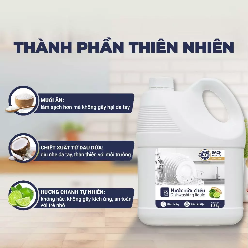  Nước rửa chén bát F5 Clean 3,8kg hương chanh, mềm mại với da tay, gốc thực vật, thiên nhiên 