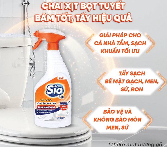  Nước Tẩy Rửa Bồn Cầu, Nhà Tắm SIO 750ml - Dạng chai xịt bọt tuyết, Hương gỗ, sử dụng tiện lợi 