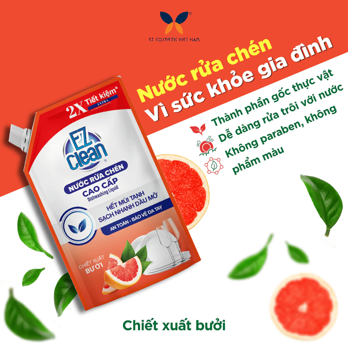  Túi Nước Rửa Chén Bát Gốc Thực Vật EZ CLEAN 1,2kg - Sạch nhanh dầu mỡ, mùi tanh, dịu nhẹ cho da tay 