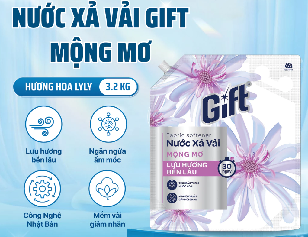  Nước Xả Vải Gift Kháng Khuẩn, Lưu Hương Thơm Bền Lâu 3.2kg 