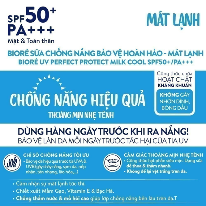  Biore Sữa Chống Nắng Bảo Vệ Hoàn Hảo MÁT LẠNH Biore UV SPF50+/PA+++ 25ML 