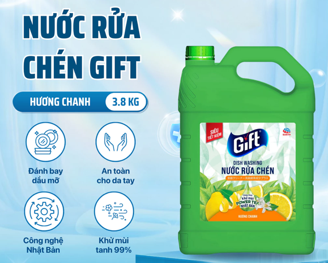  Nước Rửa Chén Gift Khử Mùi Tanh Khó Chịu – Hương Chanh/Trà Chanh, Chai 800ml/Túi 3.6kg/Can 3.8kg 