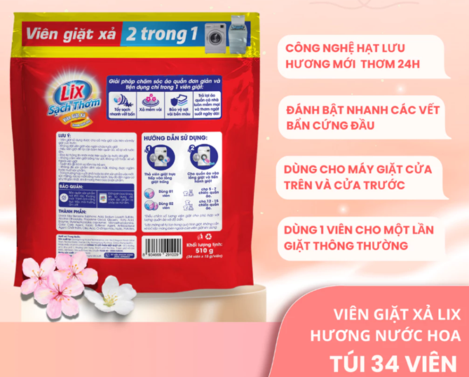  Viên giặt xả 2 trong 1 Lix hương nước hoa sạch thơm mát suốt ngày dài 34 viên 15g 