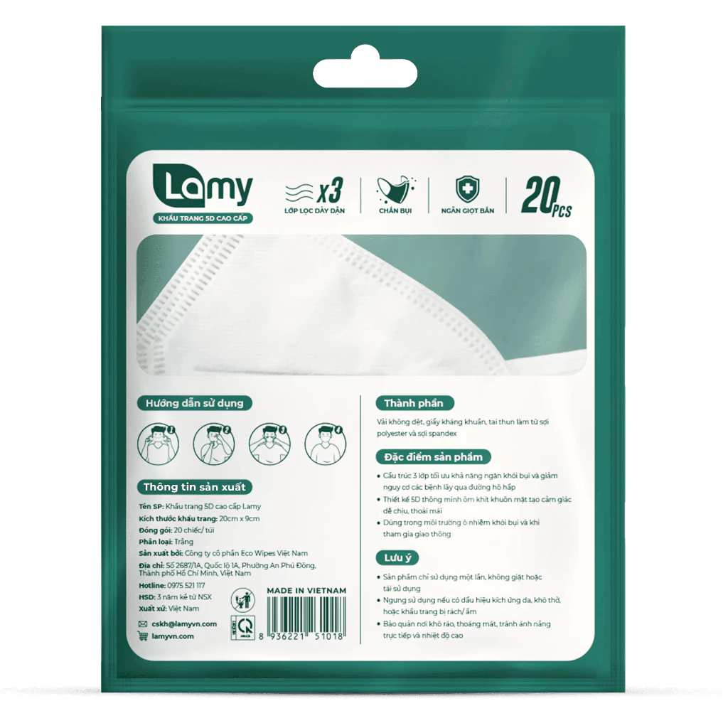  Khẩu trang 5D Lamy kháng khuẩn ngăn ngừa giọt bắn bụi mịn chống tia UV 