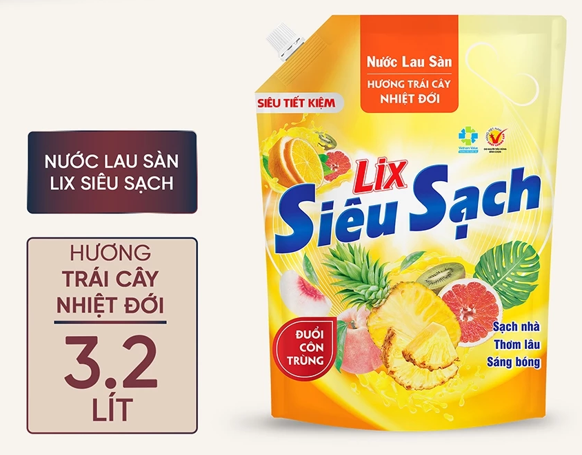  Nước lau sàn siêu sạch Lix túi 3.2L sạch nhà, thơm lâu đuổi côn trùng, phù hợp với mọi loại sàn 