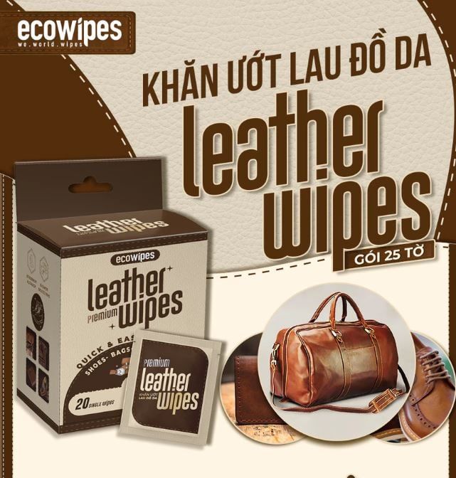  Hộp 20 gói khăn ướt lau giày da túi da ví da siêu tốc Leather EcoWipes gói 25 tờ hương quế 