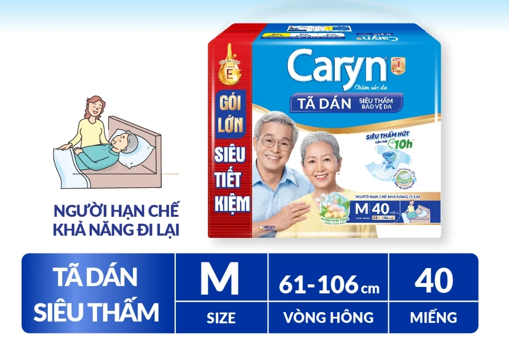  Tã/Bỉm dán người lớn siêu thấm Caryn dành cho người hạn chế khả năng đi lại Size M (10/20/40pcs) 