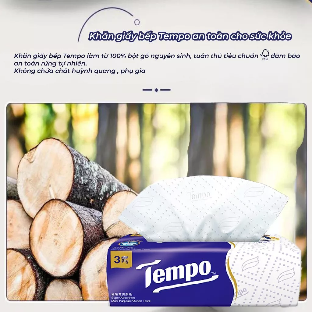  [LỐC 3 GÓI] Khăn Giấy Bếp Đa Năng Siêu Thấm Tempo (3 Gói Rút/Lốc) Bền Dai, Thương Hiệu Đức 