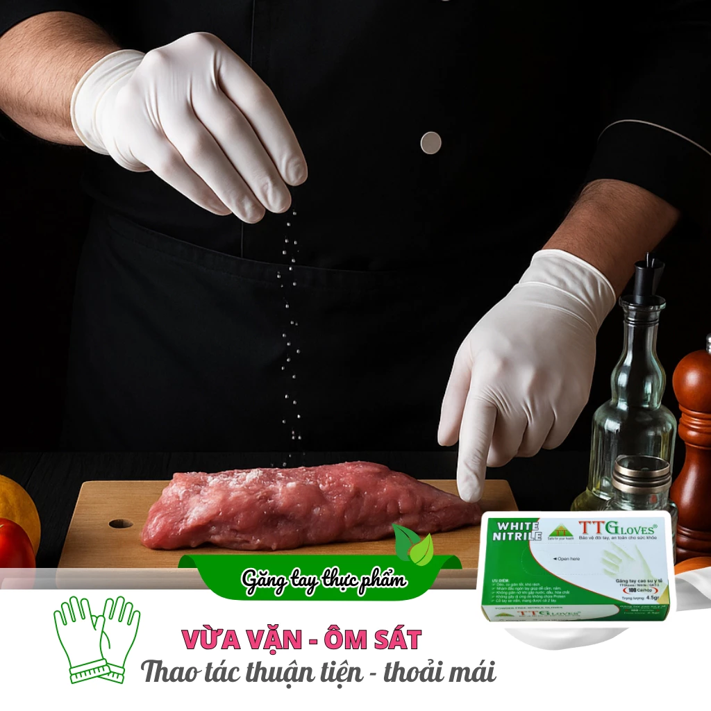  Găng Tay Nấu Ăn Kitchen And Food TTGLOVES Nitrile Không Bột Màu Trắng 4.5gr (Hộp 100 Chiếc) 