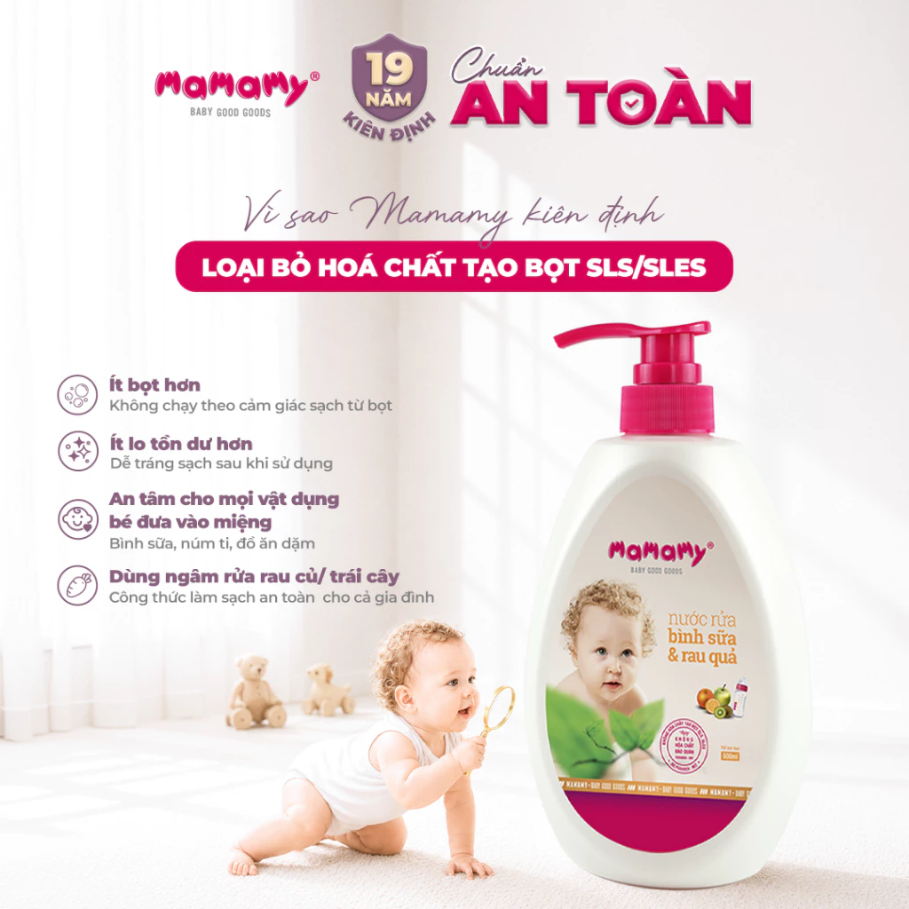  Nước rửa bình sữa Mamamy an toàn cho bé, rửa được rau củ quả thành phần thiên nhiên chai/túi 600ml 