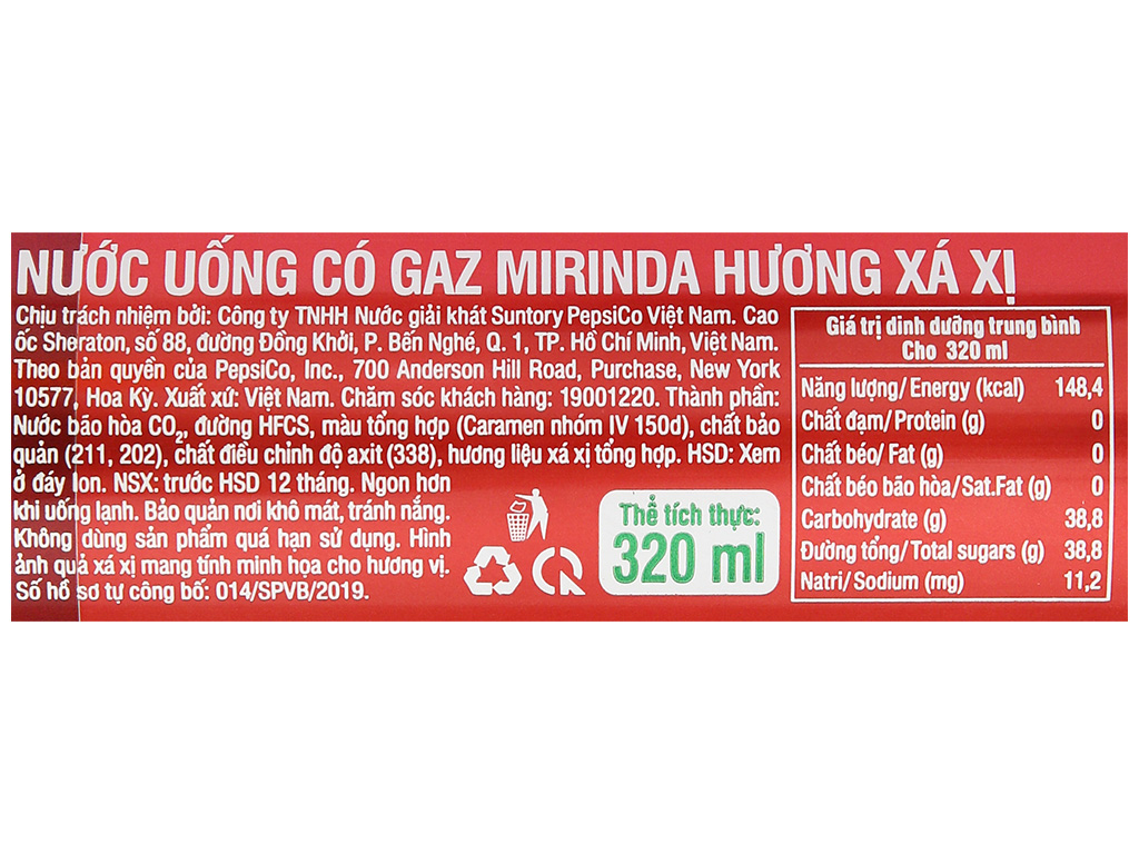  Nước Ngọt Giải Khát Có Gaz Mirinda Xá Xị 320ml/lon 