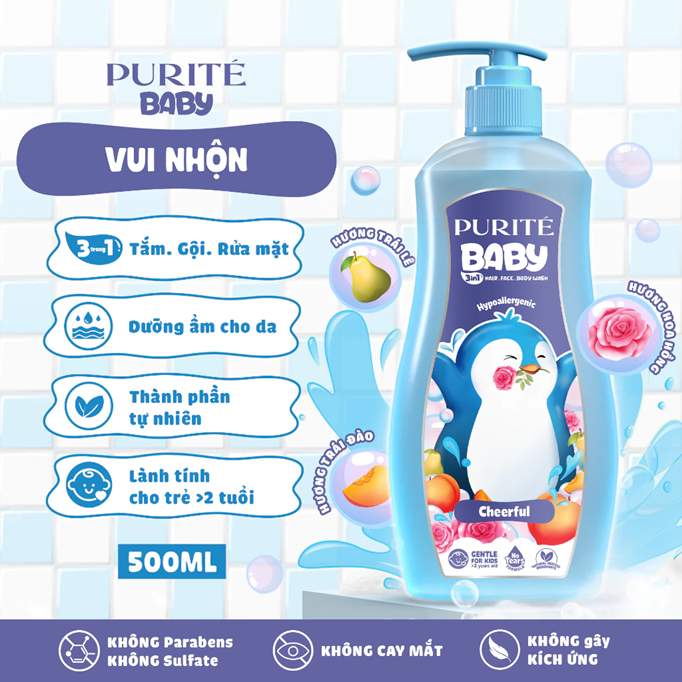  Sữa Tắm Gội Rửa Mặt 3in1 Purité Baby Kháng Khuẩn/ Vui Nhộn 500ML 