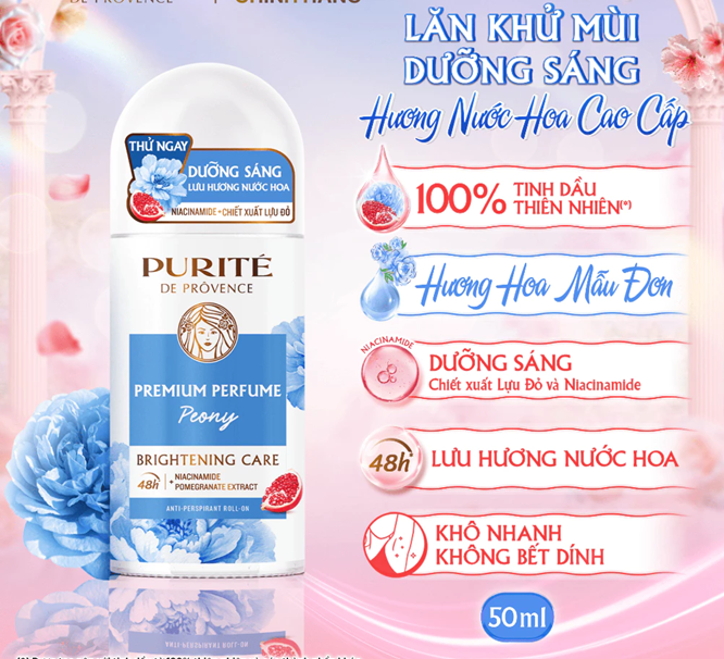  Lăn Khử Mùi Dưỡng Sáng PURITÉ Hương Nước Hoa Cao Cấp Hoa Anh Đào/Hoa Hồng/Hoa Mẫu Đơn 50ML 