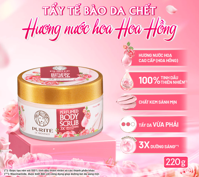  Tẩy Tế Bào Da Chết Dưỡng Sáng PURITÉ Hương Nước Hoa Hoa Anh Đào/ Hoa Hồng 220G 