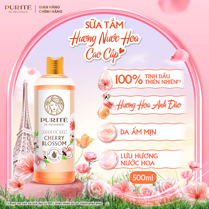  Sữa Tắm Thiên Nhiên PURITÉ Hương Hoa Anh Đào/Hoa Hồng/Hoa Mẫu Đơn 250ml & 500ml 